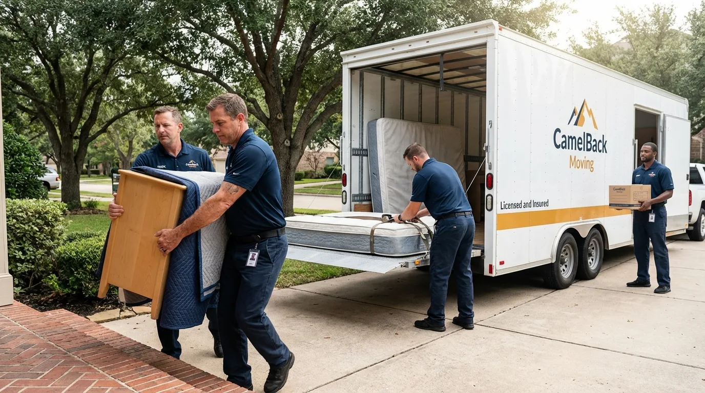 Crew loading residential truck for cross-state move from Phelps, NY