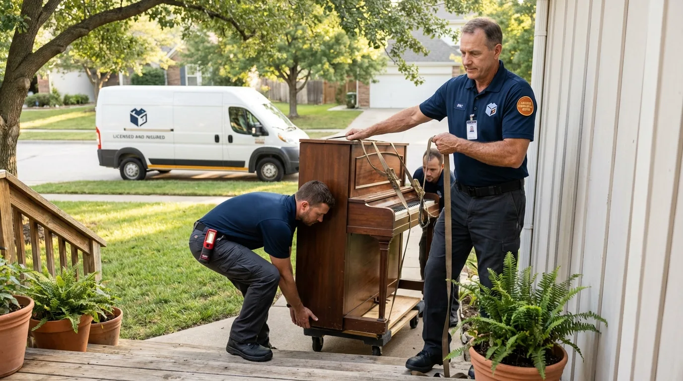 Licensed piano movers securing grand piano in Phelps, NY