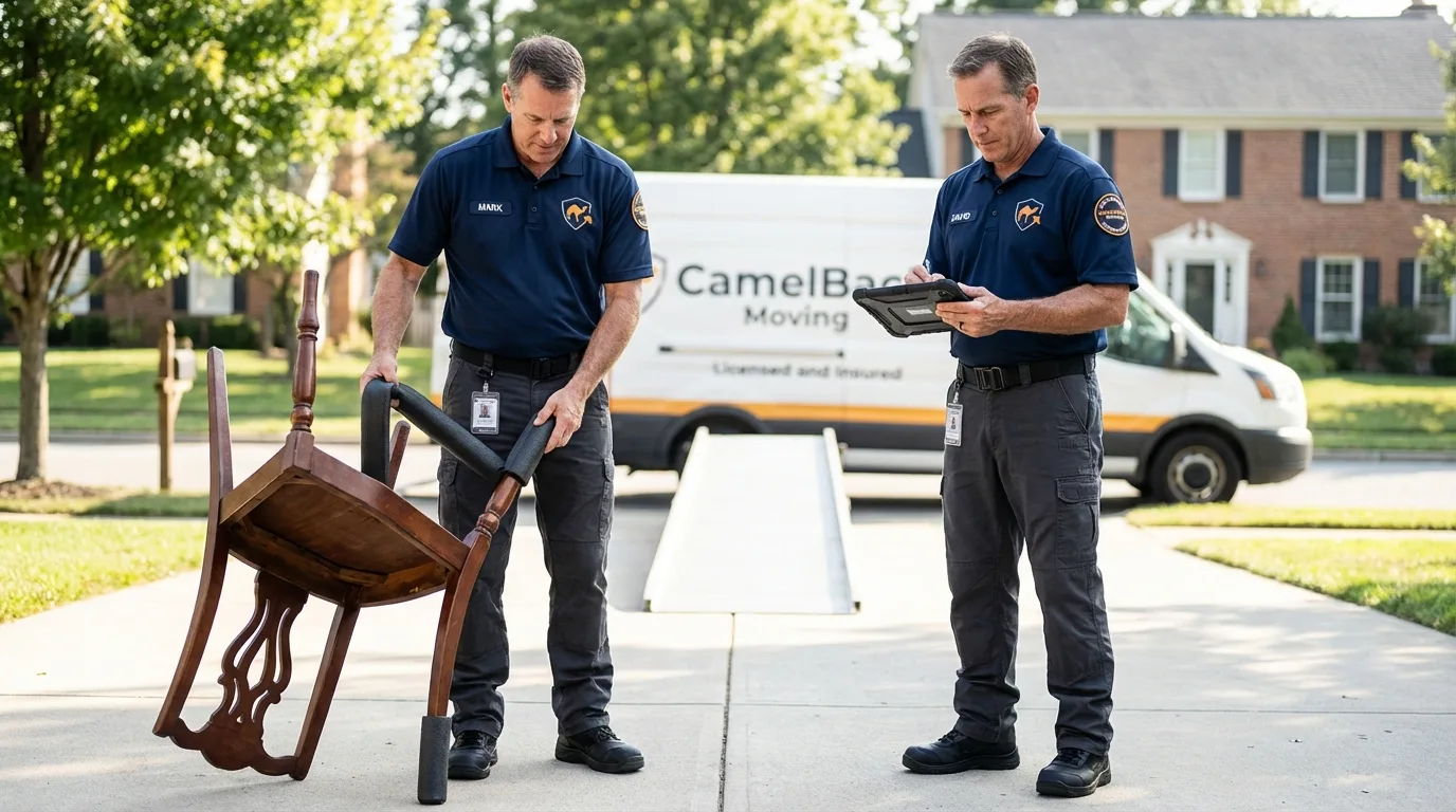 Movers inspecting furniture for damage prevention before loading in Phelps, NY