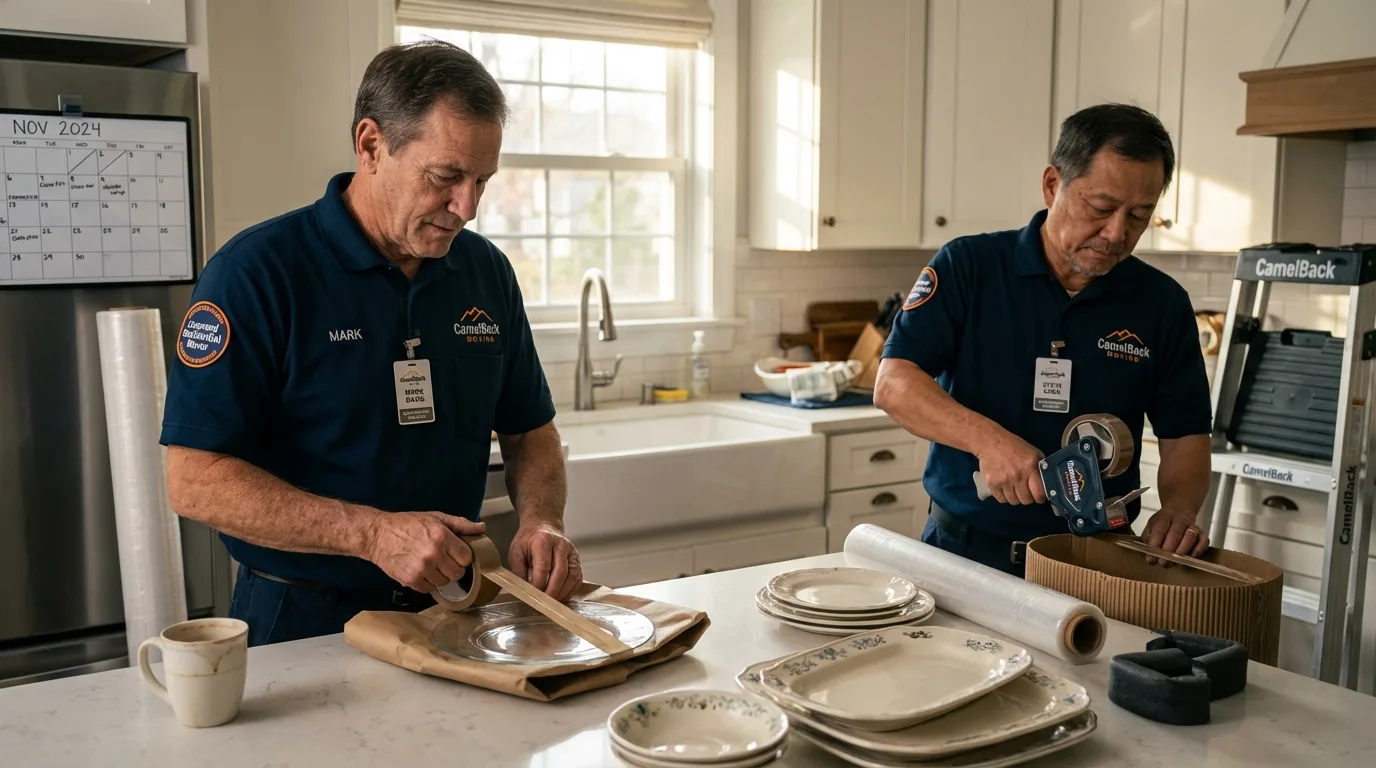 Professional crew packing kitchen dishware in Phelps, NY